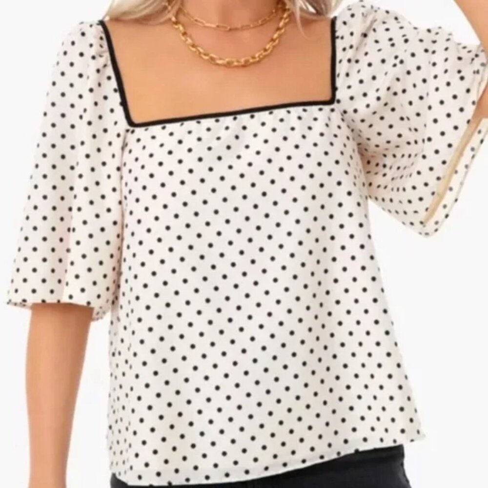 Tuckernuck Stella Polka Dot Square Neck Blouse Flutter Sleeves Ivory White Black